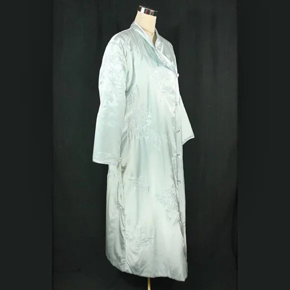Vintage Natori Satin Floral Embroidered Full Length Winter Robe Lounge Blue M - Picture 7 of 14